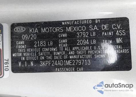 2021 Kia Forte Lxs z USA, uszkodzony, nr VIN 3KPF24AD1ME279713